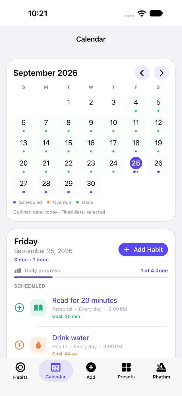 Calendar showing scheduled habits