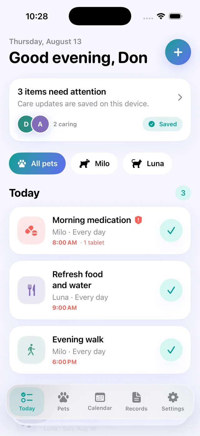 PawHandoff development preview of daily pet care